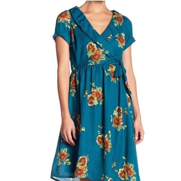 Superfoxx Asymmetrical Hem Floral Print Dress Teal‎ Medium - Picture 2 of 9